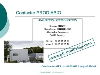 Contacter PRODIABIO
         ANIMATION - COORDINATION

                    Servane ROZE
              Plate-forme PRODIABIO
                Allées des Pommiers
                     56300 Pontivy

                 direct : 02 97 27 97 68
                 accueil : 02 97 27 67 70




           Coordonnées GPS : lat=48.083698 / long=-2.974205

         Colloque MEITO – 16 octobre 2012
 