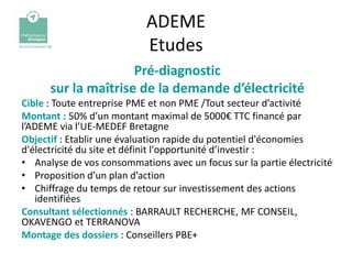 ADEME
                            Etudes
                     Pré-diagnostic
      sur la maîtrise de la demande d’électricité
Cible : Toute entreprise PME et non PME /Tout secteur d’activité
Montant : 50% d’un montant maximal de 5000€ TTC financé par
l’ADEME via l’UE-MEDEF Bretagne
Objectif : Etablir une évaluation rapide du potentiel d'économies
d'électricité du site et définit l'opportunité d’investir :
• Analyse de vos consommations avec un focus sur la partie électricité
• Proposition d’un plan d’action
• Chiffrage du temps de retour sur investissement des actions
   identifiées
Consultant sélectionnés : BARRAULT RECHERCHE, MF CONSEIL,
OKAVENGO et TERRANOVA
Montage des dossiers : Conseillers PBE+
 