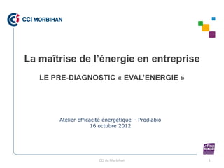 La maîtrise de l’énergie en entreprise
   LE PRE-DIAGNOSTIC « EVAL’ENERGIE »




       Atelier Efficacité énergétique – Prodiabio
                     16 octobre 2012




                       CCI du Morbihan              1
 
