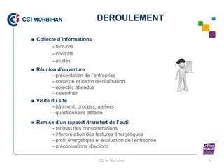 DEROULEMENT

Collecte d’informations
       - factures
       - contrats
       - études
Réunion d’ouverture
        - présentation de l’entreprise
        - contexte et cadre de réalisation
        - objectifs attendus
        - calendrier
Visite du site
        - bâtiment, process, ateliers
        - questionnaire détaillé
Remise d’un rapport /transfert de l’outil
     - tableau des consommations
     - interprétation des factures énergétiques
     - profil énergétique et évaluation de l’entreprise
     - préconisations d’actions

                             CCI du Morbihan              3
 