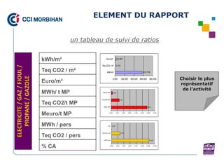 ELEMENT DU RAPPORT


                                          un tableau de suivi de ratios


                              kWh/m²                       Euro/m²             22,327

                                                    Teq CO2 / m² 0,131
ELECTRICITE / GAZ / FIOUL /




                              Teq CO2 / m²                  kWh/m²                                                  575,778
    PROPANE / GAZOLE




                                                                       0,000           200,000      400,000      600,000      800,000          Choisir le plus
                              Euro/m²                                                                                                          représentatif
                                                                                                                                                de l’activité
                              MWh/ t MP              Meuro/ t MP       0,022



                                                    Teq CO2/ t MP                    0,131

                              Teq CO2/t MP
                                                      MWh/ t MP                                                             0,576




                              Meuro/t MP                       0,000         0,100      0,200    0,300   0,400   0,500     0,600       0,700




                              MWh / pers                     %CA     0,005




                                                    Teq CO2 / pers                    2,762

                              Teq CO2 / pers
                                                       MWh / pers                                                             12,139




                              % CA                              0,000        2,000      4,000    6,000   8,000   10,000   12,000    14,000
 