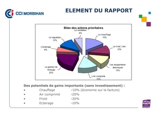 ELEMENT DU RAPPORT


                                 Bilan des actions prioritaires
                                        La ventilation
                                             6%
                                                               Le chauffage
                 La régulation                                     15%
                     12%


         L’éclairage                                                          Le froid / clim
             6%                                                                    12%




                                                                          Les équipements
             La gestion de                                                   électriques
               l’énergie                                                        12%
                  22%
                                                         L’air comprimé
                                                               15%


Des potentiels de gains importants (sans investissement) :
•       Chauffage          -10% (économie sur la facture)
•       Air comprimé       -20%
•       Froid              -20%
•       Eclairage          -10%
 