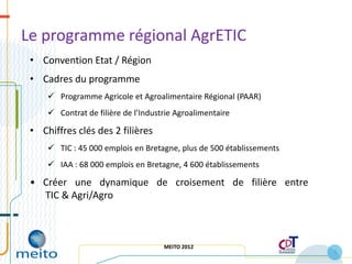 Le programme régional AgrETIC
 • Convention Etat / Région
 • Cadres du programme
      Programme Agricole et Agroalimentaire Régional (PAAR)
      Contrat de filière de l’Industrie Agroalimentaire

 • Chiffres clés des 2 filières
      TIC : 45 000 emplois en Bretagne, plus de 500 établissements
      IAA : 68 000 emplois en Bretagne, 4 600 établissements

 • Créer une dynamique de croisement de filière entre
   TIC & Agri/Agro



                                     MEITO 2012
                                                                      5
 