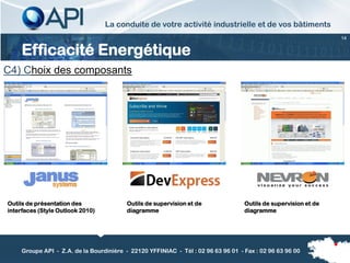La conduite de votre activité industrielle et de vos bâtiments
                                                                                                                14


     Efficacité Energétique
C4) Choix des composants




Outils de présentation des               Outils de supervision et de              Outils de supervision et de
interfaces (Style Outlook 2010)          diagramme                                diagramme




    Groupe API - Z.A. de la Bourdinière - 22120 YFFINIAC - Tél : 02 96 63 96 01 - Fax : 02 96 63 96 00
 