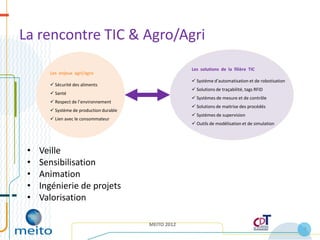 La rencontre TIC & Agro/Agri
                                                      Les solutions de la filière TIC
       Les enjeux agri/agro
                                                       Système d’automatisation et de robotisation
        Sécurité des aliments
                                                       Solutions de traçabilité, tags RFID
        Santé
                                                       Systèmes de mesure et de contrôle
        Respect de l’environnement
                                                       Solutions de maitrise des procédés
        Système de production durable
                                                       Systèmes de supervision
        Lien avec le consommateur
                                                       Outils de modélisation et de simulation




 •   Veille
 •   Sensibilisation
 •   Animation
 •   Ingénierie de projets
 •   Valorisation

                                         MEITO 2012
                                                                                                      7
 