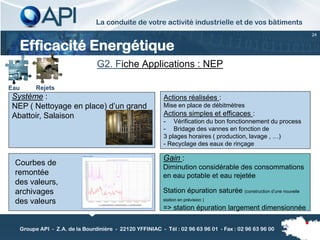La conduite de votre activité industrielle et de vos bâtiments
                                                                                                                  24


      Efficacité Energétique
                               G2. Fiche Applications : NEP

Eau     Rejets
Système :                                                Actions réalisées :
NEP ( Nettoyage en place) d’un grand                     Mise en place de débitmètres
Abattoir, Salaison                                       Actions simples et efficaces :
                                                         - Vérification du bon fonctionnement du process
                                                         - Bridage des vannes en fonction de
                                                         3 plages horaires ( production, lavage , …)
                                                         - Recyclage des eaux de rinçage

                                                         Gain :
 Courbes de
                                                         Diminution considérable des consommations
 remontée                                                en eau potable et eau rejetée
 des valeurs,
 archivages                                              Station épuration saturée (construction d’une nouvelle
 des valeurs                                             station en prévision )
                                                         => station épuration largement dimensionnée

  Groupe API - Z.A. de la Bourdinière - 22120 YFFINIAC - Tél : 02 96 63 96 01 - Fax : 02 96 63 96 00
 