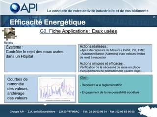 La conduite de votre activité industrielle et de vos bâtiments
                                                                                                              25


   Efficacité Energétique
                          G3. Fiche Applications : Eaux usées

Rejets
 Système :                                                Actions réalisées :
                                                          - Ajout de capteurs de Mesure ( Débit, PH, TMP)
 Contrôler le rejet des eaux usées                        - Autosurveillance (Alarmes) avec valeurs limites
 dans un Hôpital                                          de rejet à respecter

                                                          Actions simples et efficaces :
                                                          Vérification de la nécessité de mise en place
                                                          d’équipements de prétraitement (avant rejet)

                                                          Gain :
  Courbes de
  remontée                                                - Répondre à la réglementation
  des valeurs,
  archivage                                               - Engagement de la responsabilité sociétale
  des valeurs


   Groupe API - Z.A. de la Bourdinière - 22120 YFFINIAC - Tél : 02 96 63 96 01 - Fax : 02 96 63 96 00
 