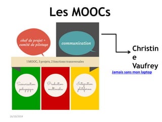 Les MOOCs 
16/10/2014 
Christin 
e 
Vaufrey 
Jamais sans mon laptop 
 