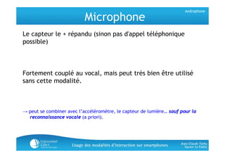 Androphone

                           Microphone
Le capteur le + répandu (sinon pas d'appel téléphonique
possible)



For...