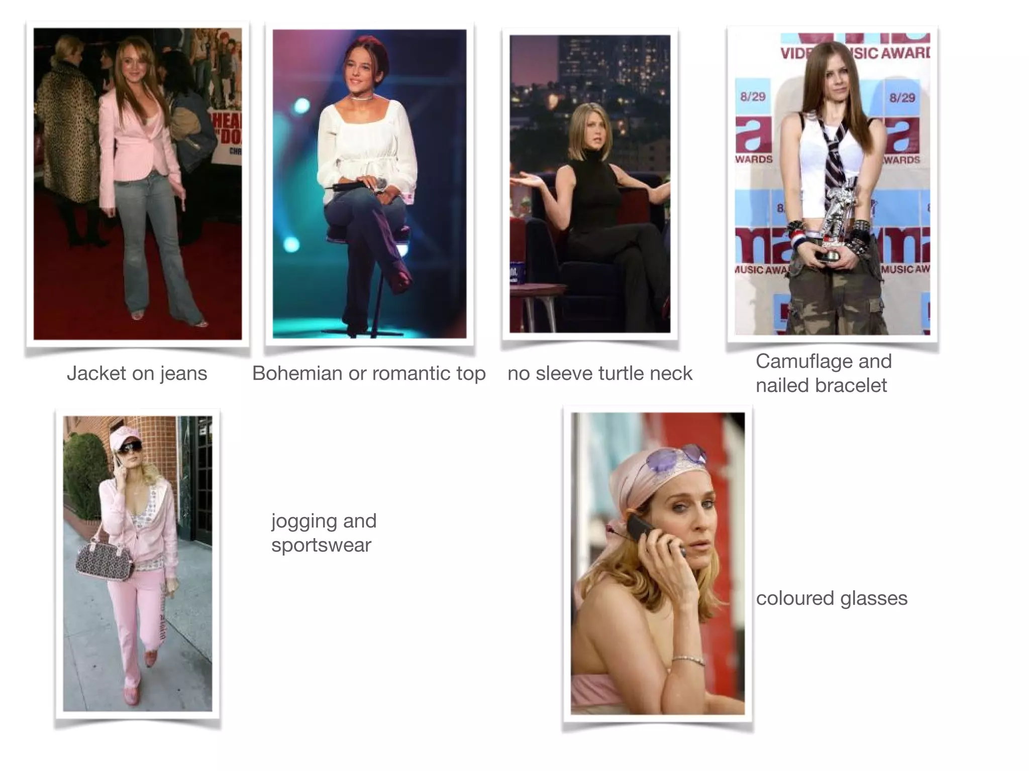 Jacket on jeans Bohemian or romantic top
Camuﬂage and
nailed bracelet
jogging and
sportswear
coloured glasses
no sleeve turtle neck
 