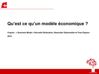 Qu’est ce qu’un modèle économique ?
d’après : « Business Model » Nouvelle Génération, Alexander Osterwalder et Yves Pigneur
2010
 