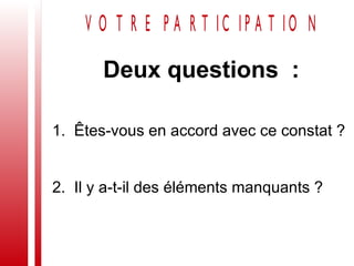 Deux questions  : 1.  Êtes-vous en accord avec ce constat ? 2.  Il y a-t-il des éléments manquants ? 