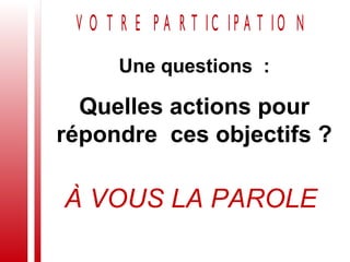 Une questions  : Quelles actions pour répondre  ces objectifs ? À VOUS LA PAROLE   
