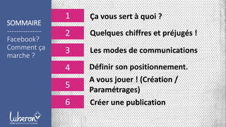 SOMMAIRE
---------------
Facebook?
Comment ça
marche ?
1
2
3
4
5
6
Ça vous sert à quoi ?
Quelques chiffres et préjugés !
Les modes de communications
Définir son positionnement.
A vous jouer ! (Création /
Paramétrages)
Créer une publication
1
 