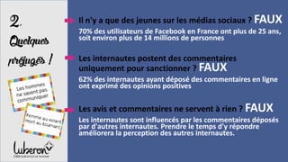 2,
Quelques
préjugés!
Il n'y a que des jeunes sur les médias sociaux ? FAUX
70% des utilisateurs de Facebook en France ont plus de 25 ans,
soit environ plus de 14 millions de personnes
Les internautes postent des commentaires
uniquement pour sanctionner ? FAUX
62% des internautes ayant déposé des commentaires en ligne
ont exprimé des opinions positives
Les avis et commentaires ne servent à rien ? FAUX
Les internautes sont influencés par les commentaires déposés
par d'autres internautes. Prendre le temps d'y répondre
améliorera la perception des autres internautes.
 