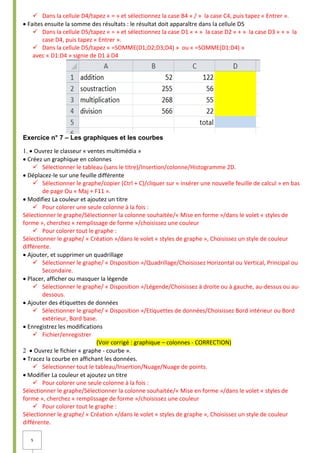 5
 Dans la cellule D4/tapez « = » et sélectionnez la case B4 « / » la case C4, puis tapez « Entrer ».
Faites ensuite la somme des résultats : le résultat doit apparaître dans la cellule D5
 Dans la cellule D5/tapez « = » et sélectionnez la case D1 « + » la case D2 « + » la case D3 « + » la
case D4, puis tapez « Entrer ».
 Dans la cellule D5/tapez « =SOMME(D1;D2;D3;D4) » ou « =SOMME(D1:D4) »
avec « D1:D4 » signie de D1 à D4
Exercice n° 7 – Les graphiques et les courbes
Ouvrez le classeur « ventes multimédia »
Créez un graphique en colonnes
 Sélectionner le tableau (sans le titre)/Insertion/colonne/Histogramme 2D.
Déplacez-le sur une feuille différente
 Sélectionner le graphe/copier (Ctrl + C)/cliquer sur « insérer une nouvelle feuille de calcul » en bas
de page Ou « Maj + F11 ».
Modifiez La couleur et ajoutez un titre
 Pour colorer une seule colonne à la fois :
Sélectionner le graphe/Sélectionner la colonne souhaitée/« Mise en forme »/dans le volet « styles de
forme », cherchez « remplissage de forme »/choisissez une couleur
 Pour colorer tout le graphe :
Sélectionner le graphe/ « Création »/dans le volet « styles de graphe », Choisissez un style de couleur
différente.
Ajouter, et supprimer un quadrillage
 Sélectionner le graphe/ « Disposition »/Quadrillage/Choisissez Horizontal ou Vertical, Principal ou
Secondaire.
Placer, afficher ou masquer la légende
 Sélectionner le graphe/ « Disposition »/Légende/Choisissez à droite ou à gauche, au-dessus ou au-
dessous.
Ajouter des étiquettes de données
 Sélectionner le graphe/ « Disposition »/Etiquettes de données/Choisissez Bord intérieur ou Bord
extérieur, Bord base.
Enregistrez les modifications
 Fichier/enregistrer
(Voir corrigé : graphique – colonnes - CORRECTION)
Ouvrez le fichier « graphe - courbe ».
Tracez la courbe en affichant les données.
 Sélectionner tout le tableau/Insertion/Nuage/Nuage de points.
 Modifier La couleur et ajoutez un titre
 Pour colorer une seule colonne à la fois :
Sélectionner le graphe/Sélectionner la colonne souhaitée/« Mise en forme »/dans le volet « styles de
forme », cherchez « remplissage de forme »/choisissez une couleur
 Pour colorer tout le graphe :
Sélectionner le graphe/ « Création »/dans le volet « styles de graphe », Choisissez un style de couleur
différente.
 