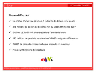 Ebay                                                               ECOMMERCE UNITED




     Ebay en chiffre, c’est :

      Un chiffre d'affaires estimé à 4,5 milliards de dollars cette année

      376 millions de dollars de bénéfice net au second trimestre 2007

      Environ 12,5 milliards de transactions l'année dernière

      113 millions de produits vendus dans 50 000 catégories différentes

      2 039$ de produits échangés chaque seconde en moyenne

      Plus de 200 millions d'utilisateurs




Atelier e-commerce - Les différents canaux de vente sur Internet
 