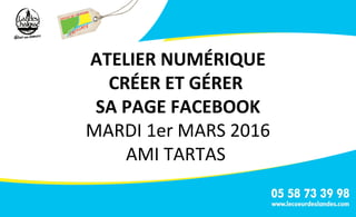 ATELIER NUMÉRIQUE
CRÉER ET GÉRER
SA PAGE FACEBOOK
MARDI 1er MARS 2016
AMI TARTAS
 