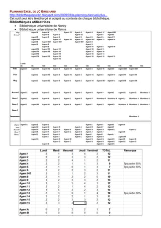 PLANNING EXCEL DE JC BROCHARD
http://bibliothequepublic.blogspot.com/2009/03/le-planning-daccueil-plus...
Cet outil peut être téléchargé et adapté au contexte de chaque bibliothèque.
Bibliothèques utilisatrices
• Bibliothèque universitaire de Nancy
• Bibliothèque universitaire de Reims
 