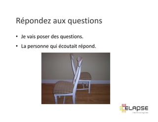 Répondez aux questions
• Je vais poser des questions.
• La personne qui écoutait répond.
 