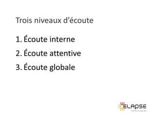 Trois niveaux d’écoute

1. Écoute interne
2. Écoute attentive
3. Écoute globale
 