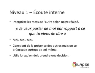 Niveau 1 – Écoute interne
• Interprète les mots de l’autre selon notre réalité.

    « Je veux parler de moi par rapport à ce
            que tu viens de dire »
• Moi. Moi. Moi.
• Conscient de la présence des autres mais on se
  préoccupe surtout de soi-même.
• Utile lorsqu’on doit prendre une décision.
 