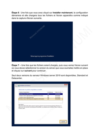 Étape 6 : Une fois que vous avez cliqué sur Installer maintenant, la configuration
démarrera et elle chargera tous les fichiers et l'écran apparaîtra comme indiqué
dans la capture d'écran suivante.
Étape 7 – Une fois que les fichiers soient chargés, puis vous verrez l'écran suivant
où vous devez sélectionner la version du server que vous souhaitez mettre en place
et cliquez sur suivant pour continuer.
Seul deux versions du serveur Windows server 2019 sont disponibles, Standard et
Datacenter.
 
