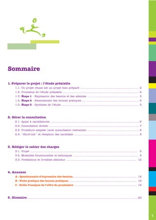 Sommaire

1. Préparer le projet : l’étude préalable
       1.1. Un projet réussi est un projet bien préparé ................................................................. 2
       1.2. Processus de l’étude préalable ..................................................................................... 2
       1.3. Étape 1 - Expression des besoins et des attentes ......................................................... 3
       1.4. Étape 2 - Recensement des bonnes pratiques ............................................................... 5
       1.5. Étape 3 - Synthèse de l’étude ...................................................................................... 5



2. Gérer la consultation
       2.1. Appel à candidatures ....................................................................................................6
       2.2. Consultation directe ..................................................................................................... 7
       2.3. Procédure adaptée (avec consultation restreinte) .......................................................... 8
       2.4. "Short-list" et réception des candidats ......................................................................... 8



3. Rédiger le cahier des charges
       3.1. Projet ......................................................................................................................... 9
       3.2. Modalités fonctionnelles et techniques ......................................................................... 9
       3.3. Prestations et livrables attendus ............................................................................... 12



4. Annexes
       A - Questionnaire d’expression des besoins........................................................................ 14
       B - Fiche pratique des bonnes pratiques............................................................................. 16
       C - Grille d’analyse de l’offre du prestataire ...................................................................... 19



5. Glossaire............................................................................................................................ 20




                                                                                                                                                 1
 