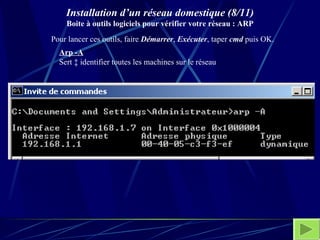 Installation d’un réseau domestique (8/11) Boite à outils logiciels pour vérifier votre réseau : ARP Arp -A   Sert à identifier toutes les machines sur le réseau Pour lancer ces outils, faire  Démarrer ,  Exécuter , taper  cmd  puis OK.  