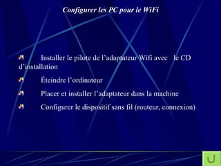 Configurer les PC pour le WiFi Installer le pilote de l’adaptateur Wifi avec  le CD  d’installation Éteindre l’ordinateur Placer et installer l’adaptateur dans la machine Configurer le dispositif sans fil (routeur, connexion) 