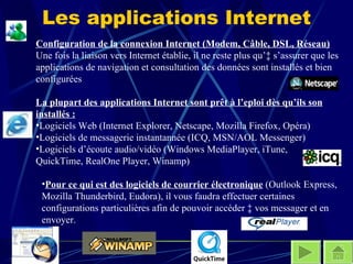 Les applications Internet La plupart des applications Internet sont prêt à l’eploi dès qu’ils son installés : Logiciels Web (Internet Explorer, Netscape, Mozilla Firefox, Opéra) Logiciels de messagerie instantannée (ICQ, MSN/AOL Messenger) Logiciels d’écoute audio/vidéo (Windows MediaPlayer, iTune, QuickTime, RealOne Player, Winamp) Configuration de la connexion Internet (Modem, Câble, DSL, Réseau) Une fois la liaison vers Internet établie, il ne reste plus qu’à s’assurer que les applications de navigation et consultation des données sont installés et bien configurées Pour ce qui est des logiciels de courrier électronique  (Outlook Express, Mozilla Thunderbird, Eudora), il vous faudra effectuer certaines configurations particulières afin de pouvoir accéder à vos messager et en envoyer. 