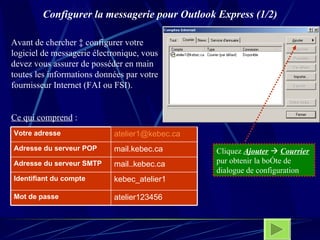 Configurer la messagerie pour Outlook Express (1/2) Avant de chercher à configurer votre logiciel de messagerie électronique, vous devez vous assurer de posséder en main toutes les informations données par votre fournisseur Internet (FAI ou FSI). Ce qui comprend  : Cliquez  Ajouter      Courrier   pur obtenir la boîte de dialogue de configuration atelier123456 Mot de passe kebec_atelier1 Identifiant du compte mail..kebec.ca Adresse du serveur SMTP mail.kebec.ca Adresse du serveur POP [email_address] Votre adresse 