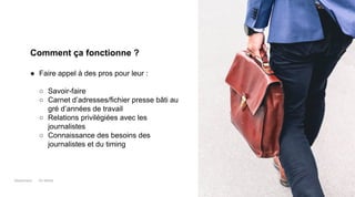 Maddyness Kit Média
Comment ça fonctionne ?
● Faire appel à des pros pour leur :
○ Savoir-faire
○ Carnet d’adresses/fichier presse bâti au
gré d’années de travail
○ Relations privilégiées avec les
journalistes
○ Connaissance des besoins des
journalistes et du timing
 