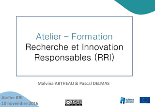 Atelier RRI
10 novembre 2016
Malvina ARTHEAU & Pascal DELMAS
Atelier – Formation
Recherche et Innovation
Responsables (RRI)
 