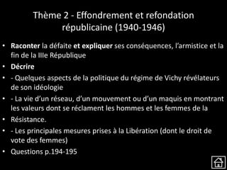Thème 2 - Effondrement et refondation
républicaine (1940-1946)
• Raconter la défaite et expliquer ses conséquences, l’armistice et la
fin de la IIIe République
• Décrire
• - Quelques aspects de la politique du régime de Vichy révélateurs
de son idéologie
• - La vie d’un réseau, d’un mouvement ou d’un maquis en montrant
les valeurs dont se réclament les hommes et les femmes de la
• Résistance.
• - Les principales mesures prises à la Libération (dont le droit de
vote des femmes)
• Questions p.194-195
 