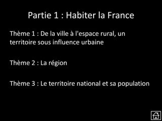 Partie 1 : Habiter la France
Thème 1 : De la ville à l'espace rural, un
territoire sous influence urbaine
Thème 2 : La région
Thème 3 : Le territoire national et sa population
 