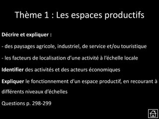 Thème 1 : Les espaces productifs
Décrire et expliquer :
- des paysages agricole, industriel, de service et/ou touristique
- les facteurs de localisation d’une activité à l’échelle locale
Identifier des activités et des acteurs économiques
Expliquer le fonctionnement d’un espace productif, en recourant à
différents niveaux d’échelles
Questions p. 298-299
 