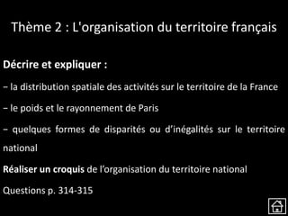 Thème 2 : L'organisation du territoire français
Décrire et expliquer :
− la distribution spatiale des activités sur le territoire de la France
− le poids et le rayonnement de Paris
− quelques formes de disparités ou d’inégalités sur le territoire
national
Réaliser un croquis de l’organisation du territoire national
Questions p. 314-315
 