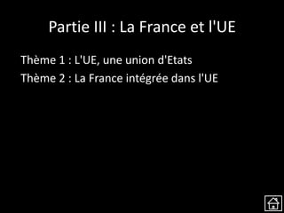 Partie III : La France et l'UE
Thème 1 : L'UE, une union d'Etats
Thème 2 : La France intégrée dans l'UE
 