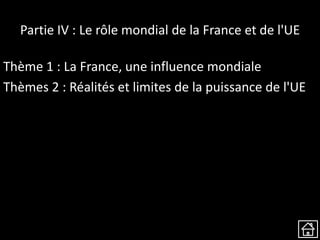 Partie IV : Le rôle mondial de la France et de l'UE
Thème 1 : La France, une influence mondiale
Thèmes 2 : Réalités et limites de la puissance de l'UE
 