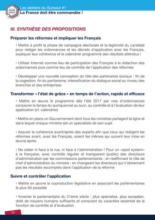 Les ateliers du Sursaut #1
La France doit être commandée !
30
III. SYNTHÈSE DES PROPOSITIONS
Préparer les réformes et impl...
