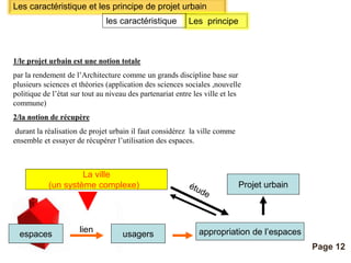 Les caractéristique et les principe de projet urbain 
les caractéristique Les principe 
Pour plus de modèles : Modèles Powerpoint PPT gratuits 
Page 12 
1/le projet urbain est une notion totale 
par la rendement de l’Architecture comme un grands discipline base sur 
plusieurs sciences et théories (application des sciences sociales ,nouvelle 
politique de l’état sur tout au niveau des partenariat entre les ville et les 
commune) 
2/la notion de récupère 
durant la réalisation de projet urbain il faut considérez la ville comme 
ensemble et essayer de récupérer l’utilisation des espaces. 
La ville 
(un système complexe) Projet urbain 
lien appropriation de l’espaces 
espaces usagers 
 