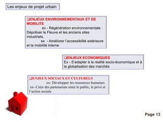Pour plus de modèles : Modèles Powerpoint PPT gratuits 
Page 13 
Les enjeux de projet urbain 
ENJEUX ENVIRONNEMENTAUX ET DE 
MOBILITE 
ex - Régénération environnementale : 
Dépolluer le Fleuve et les anciens sites 
industriels. 
ex - Améliorer l’accessibilité extérieure 
et la mobilité interne 
ENJEUX ECONOMIQUES 
Ex - S’adapter à la réalité socio-économique et à 
la globalisation des marchés 
ENJEUX SOCIAUX ET CULTURELS 
ex- Développer les ressources humaines 
ex- Créer des partenariats entre le public, le privé et 
l’action sociale 
 