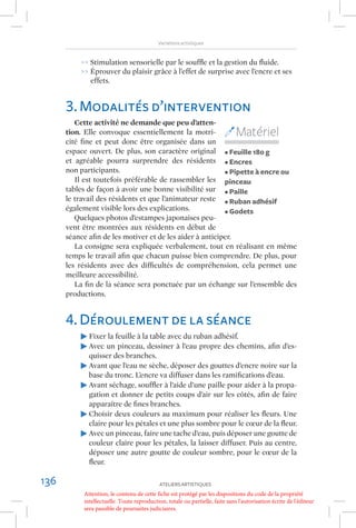 Variations artistiques


          >> Stimulation sensorielle par le soufﬂe et la gestion du ﬂuide.
          >> Éprouver du plaisir grâce à l’effet de surprise avec l’encre et ses
             effets.


      3. Modalités d’intervention
         Cette activité ne demande que peu d’atten-
      tion. Elle convoque essentiellement la motri-                           Matériel
      cité ﬁne et peut donc être organisée dans un
      espace ouvert. De plus, son caractère original • Feuille 180 g
      et agréable pourra surprendre des résidents • Encres
      non participants.                                  • Pipette à encre ou
         Il est toutefois préférable de rassembler les pinceau
      tables de façon à avoir une bonne visibilité sur • Paille
      le travail des résidents et que l’animateur reste • Ruban adhésif
      également visible lors des explications.           • Godets
         Quelques photos d’estampes japonaises peu-
      vent être montrées aux résidents en début de
      séance aﬁn de les motiver et de les aider à anticiper.
         La consigne sera expliquée verbalement, tout en réalisant en même
      temps le travail aﬁn que chacun puisse bien comprendre. De plus, pour
      les résidents avec des difﬁcultés de compréhension, cela permet une
      meilleure accessibilité.
         La ﬁn de la séance sera ponctuée par un échange sur l’ensemble des
      productions.


      4. Déroulement de la séance
             Fixer la feuille à la table avec du ruban adhésif.
             Avec un pinceau, dessiner à l’eau propre des chemins, aﬁn d’es-
             quisser des branches.
             Avant que l’eau ne sèche, déposer des gouttes d’encre noire sur la
             base du tronc. L’encre va diffuser dans les ramiﬁcations d’eau.
             Avant séchage, soufﬂer à l’aide d’une paille pour aider à la propa-
             gation et donner de petits coups d’air sur les côtés, aﬁn de faire
             apparaître de ﬁnes branches.
             Choisir deux couleurs au maximum pour réaliser les ﬂeurs. Une
             claire pour les pétales et une plus sombre pour le cœur de la ﬂeur.
             Avec un pinceau, faire une tache d’eau, puis déposer une goutte de
             couleur claire pour les pétales, la laisser diffuser. Puis au centre,
             déposer une autre goutte de couleur sombre, pour le cœur de la
             ﬂeur.

136                                         ATELIERS ARTISTIQUES
           Attention, le contenu de cette fiche est protégé par les dispositions du code de la propriété
           intellectuelle. Toute reproduction, totale ou partielle, faite sans l'autorisation écrite de l'éditeur
           sera passible de poursuites judiciaires.
 