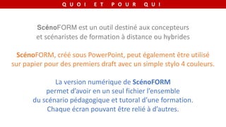Q U O I E T P O U R Q U I
ScénoFORM est un outil destiné aux concepteurs
et scénaristes de formation à distance ou hybrides
ScénoFORM, créé sous PowerPoint, peut également être utilisé
sur papier pour des premiers draft avec un simple stylo 4 couleurs.
La version numérique de ScénoFORM
permet d’avoir en un seul fichier l’ensemble
du scénario pédagogique et tutoral d’une formation.
Chaque écran pouvant être relié à d’autres.
 