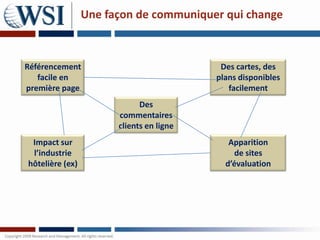 Une façon de communiquer qui change



Référencement                              Des cartes, des
   facile en                              plans disponibles
première page                                facilement
                             Des
                       commentaires
                       clients en ligne
 Impact sur                                  Apparition
 l’industrie                                   de sites
hôtelière (ex)                              d’évaluation
 