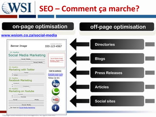 SEO – Comment ça marche?
     on-page optimisation      off-page optimisation
www.wsiom.co.za/social-media

                                Directories


                                Blogs


                                Press Releases


                                Articles


                                Social sites
 