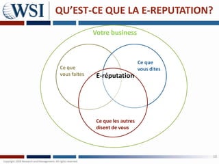 QU’EST-CE QUE LA E-REPUTATION?
              Votre business



                                   Ce que
Ce que                             vous dites
vous faites    E-réputation




               Ce que les autres
               disent de vous




                                                10
 