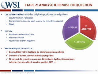 ETAPE 2: ANALYSE & REMISE EN QUESTION

• Les conversations ont des origines positives ou négatives
    – Ecouter le client / prospect
    – Comprendre l’origine du sujet soulevé (se remettre en cause)
    – Réagir
                                                                     1- VEILLE     2.
                                                                                 ANALYSE
• Ex: UA:
    – Probleme: réclamation client
    – Pas de discussion
    – Réaction du client > Négative
                                                                          3. ACTION

• Votre analyse permettra :
     De modifier votre stratégie de communication en ligne
     De créer d’autres conversations appropriées
     Et surtout de remettre en cause d’éventuels dysfonctionnements
      internes (service client, service qualité, SAV, …)


                                                                                           21
 