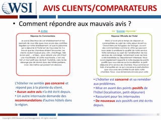 AVIS CLIENTS/COMPARATEURS
• Comment répondre aux mauvais avis ?




                                           • L’hôtelier est concerné et va remédier
L’hôtelier ne semble pas concerné et       aux problèmes.
 répond pas à la plainte du client.        • Mise en avant des points positifs de
• Aucun autre avis n’a été écrit depuis.   l’hôtel (localisation, petit-déjeuner)
• Un autre internaute demande des          • Rassurant pour les internautes
recommandations d’autres hôtels dans       • De nouveaux avis positifs ont été écrits
la région.                                 depuis.

                                                                                        32
 